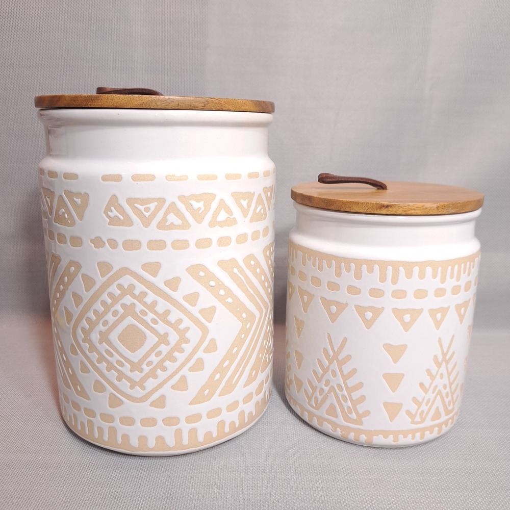 Set of 2 At Home Geometric Tribal Canisters Jars Wood Lids Boho Cream Tan